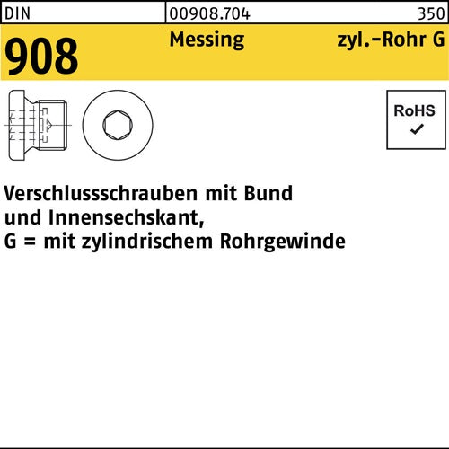 Verschlußschraube DIN 908 mBund/Innen-6-kant G 1/4 A Messing 100 Stück