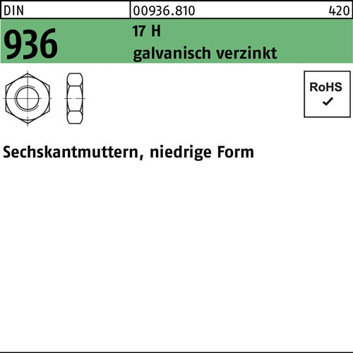 Sechskantmutter DIN 936 M 12 17 H galvanisch verzinkt 100 Stück