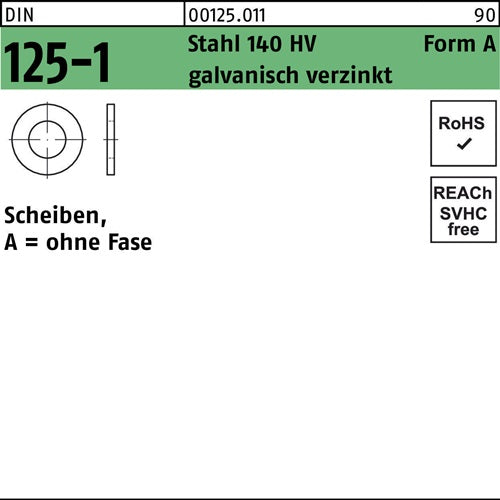 Unterlegscheibe DIN 125-1 Form A 13 x24 x25 Stahl 140 HV galvanisch verzinkt 100 Stück