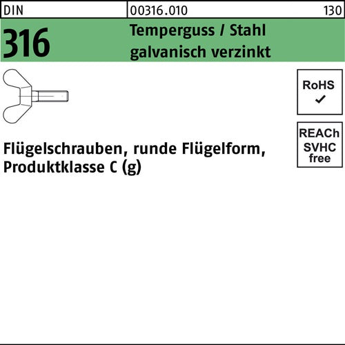 Flügelschraube DIN 316 M 6 x 16 Temperguss/Stahl galvanisch verzinkt 100 Stück