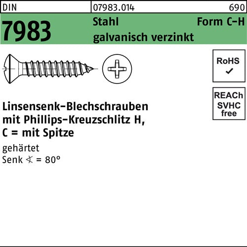Linsensenkblechschraube DIN 7983 PH C 55x13-H Stahl gehärtet galvverz 500St - VPE: 500