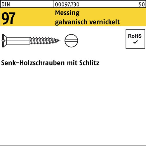 Holzschraube DIN 97 Senkkopf Schlitz 4 x 25 Messing galvanisch vernickelt 200 Stück