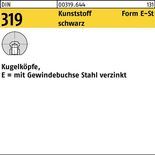 Kugelknopf DIN 319 Form E 40 M 10 Kunststoff schwarz Stahlbuchse 10 Stück