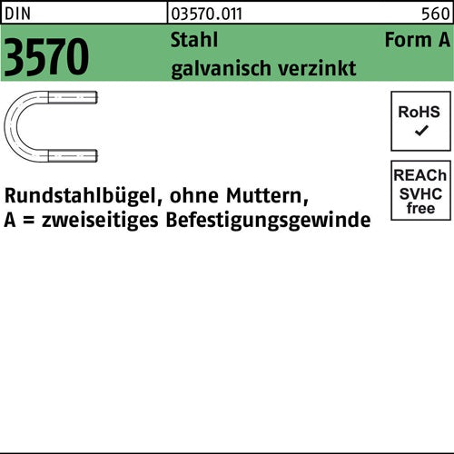 Rundstahlbügel DIN 3570 oMutter A 82 / NW 65 Stahl galvanisch verzinkt 50 Stück
