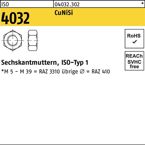 Sechskantmutter ISO 4032 M20 CuNiSi 25 Stück - VPE: 25