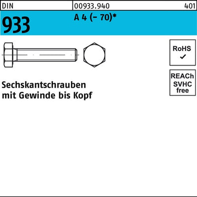 Sechskantschraube DIN 933 VG M 6 x 100 A 4 (- 70) 50 Stück