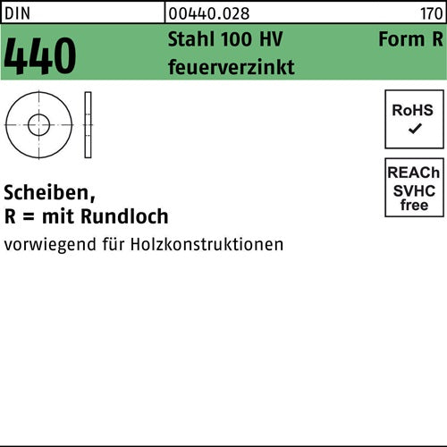 Scheibe DIN 440/ISO 7094 Form R R 9 x 28 x 3 Stahl 100 HV feuerverzinkt 100 Stück