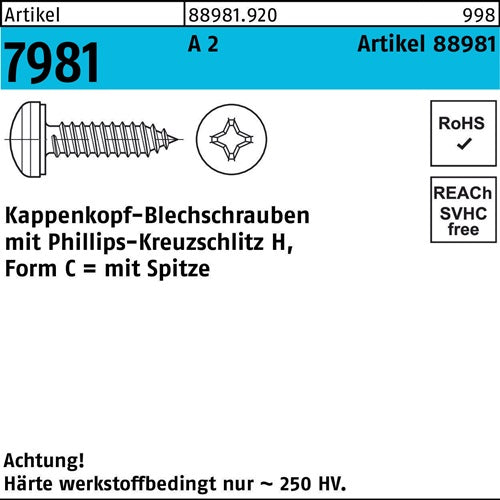 Kappenkopfblechschraube R 88981 PH 39x 95-H A 2 1000 Stück - VPE: 1000