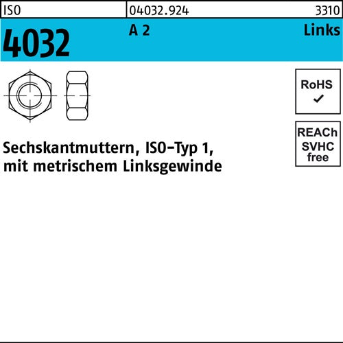 Sechskantmutter ISO 4032 links M22 A 2 (- 70) 10 Stück - VPE: 10