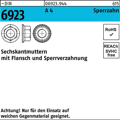 Sechskantmutter DIN 6923 Flansch M6 A 4 Sperrzahnung 500 Stück - VPE: 500
