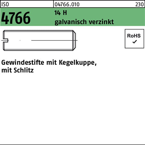 Gewindestift ISO 4766 Kegelkuppe/Schlitz M4x5 14 H galvverz 200St - VPE: 200
