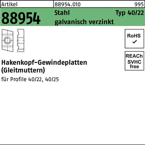 Hakenkopfgewindeplatte R 88954 Typ 40/22 M8 Stahl galvverz 100 Stück - VPE: 100