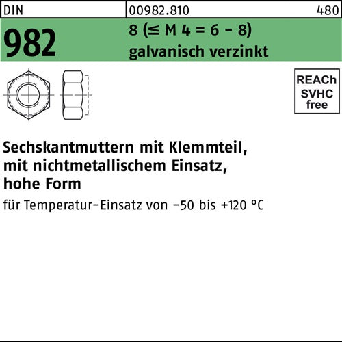 Sechskantmutter DIN 982 mKlemmteil M 16 8 (= M 4 = 6-8) galvanisch verzinkt 200 Stück