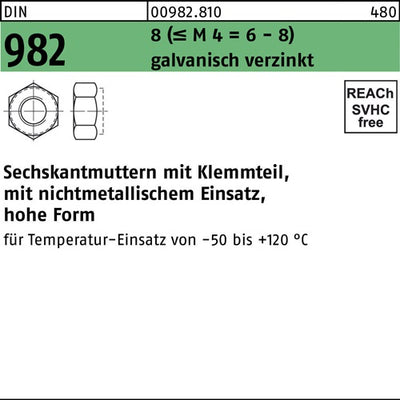 Sechskantmutter DIN 982 mKlemmteil M 14 8 (= M 4 = 6-8) galvanisch verzinkt 100 Stück