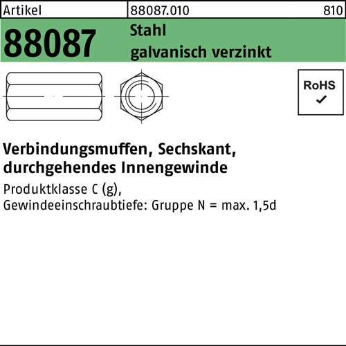 Sechskantverbindungsmuffe R 88087 M30x90 SW46 durchgIG Stahl gal Zn 5St - VPE: 5