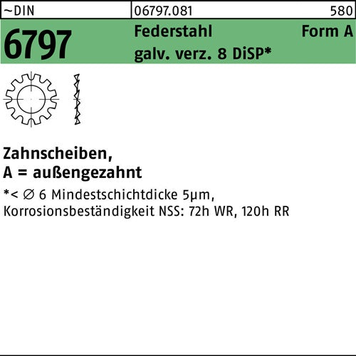 Zahnscheibe DIN 6797 FormA außengezahnt A 84 Federstahl gal Zn 8 DiSP 250Stück - VPE: 250