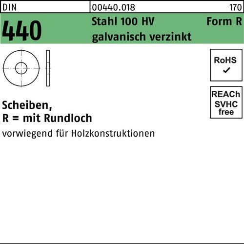 Scheibe DIN 440/ISO 7094 Form R R 66x 22 x 2 Stahl 100 HV galvanisch verzinkt 100 Stück