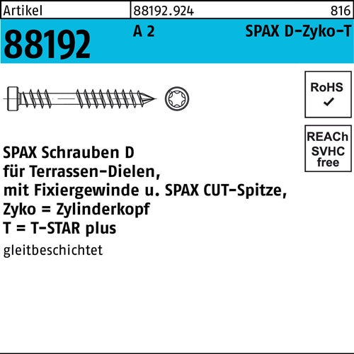 Holzbauschraube R 88192 ZYLKO T-STAR 5x70/33-T25 A 2 CUT-Sp 100St SPAX - VPE: 100