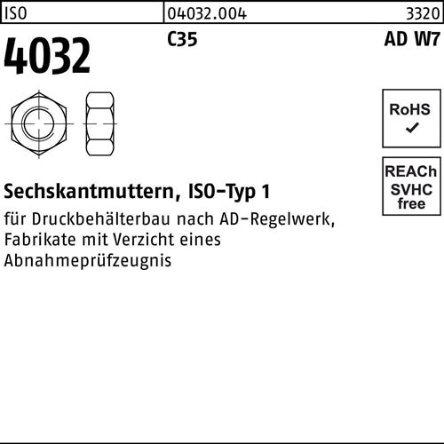 Sechskantmutter ISO 4032 M16 10501 (C35) AD W7 100 Stück - VPE: 100