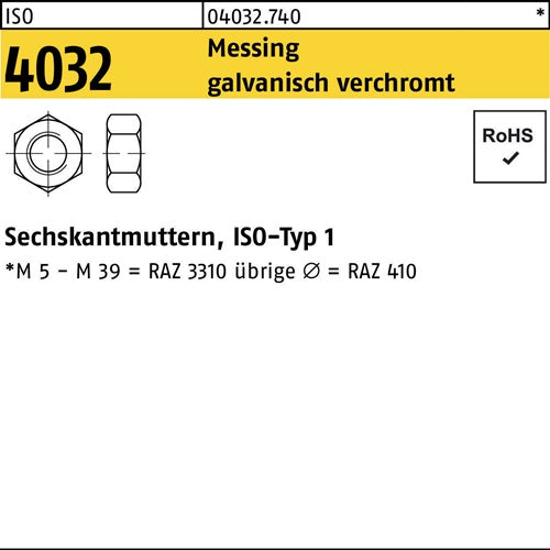 Sechskantmutter ISO 4032 M3 Messing galv verchromt 100 Stück - VPE: 100