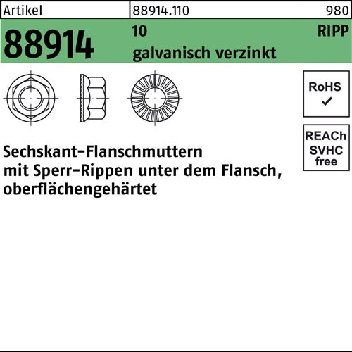 Sechskantflanschmutter R 88914 Sperr-Ripp M16 10 galvverz 50 Stück - VPE: 50