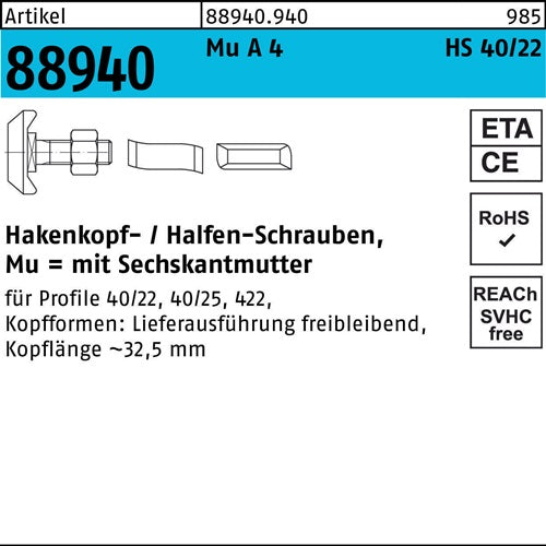 Hammerkopfschraube R 88940 40/22 6-ktmutter M12x 80 Mu A 4 25St HALFEN - VPE: 25