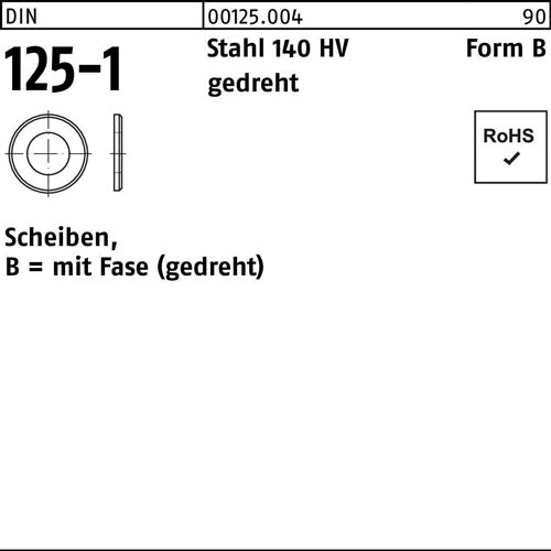 Unterlegscheibe DIN 125-1 Form B 22 x 5 x 05 Stahl 140 HV gedreht 100 Stück