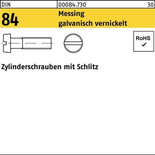 Zylinderschraube DIN 84/ISO 1207 Schlitz M 3 x 8 Messing galvanisch vernickelt 200 Stück