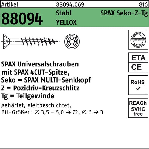 Schraube R 88094 SEKO Spitze/PZ 5x80/46-Z Stahl galvverz gelb 200St SPAX - VPE: 200