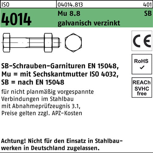 Sechskantschraube ISO 4014 mSchaft/Mutter M 10 x 100 Mu 88 galvanisch verzinkt SB 100 Stück