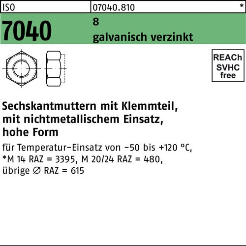Sechskantmutter ISO 7040 Klemmteil M4 8 galvverz 200 Stück - VPE: 200