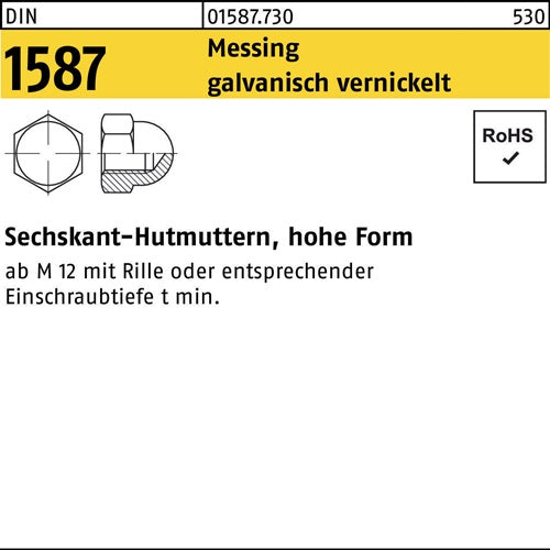 Sechskanthutmutter DIN 1587 M 10 SW 17 Messing galvanisch vernickelt 100 Stück