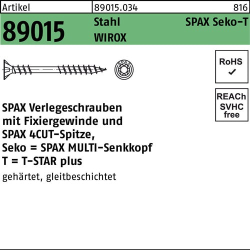 Verlegeschraube R 89015 Seko Fixierg/Spitze/T-STAR 45x60-T20 WIROX 500St SPAX - VPE: 500