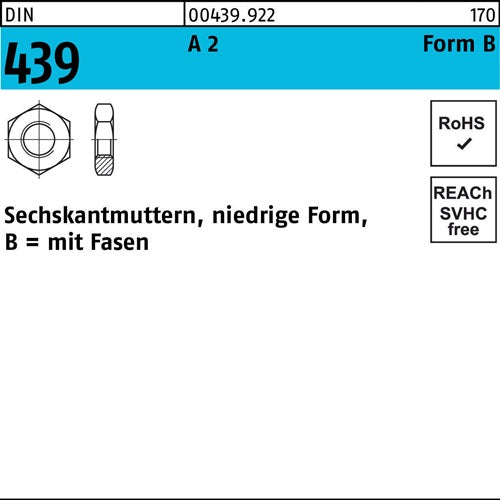 Sechskantmutter DIN 439 Form B BM 5 A 2 1000 Stück
