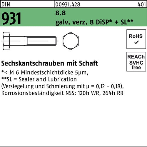 Sechskantschraube DIN 931 Schaft M24x 140 88 gal Zn 8 DiSP + SL 10 Stück - VPE: 10