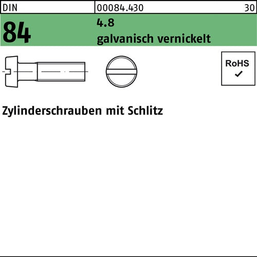 Zylinderschraube DIN 84/ISO 1207 Schlitz M 5 x 8 48 galvanisch vernickelt 2000 Stück