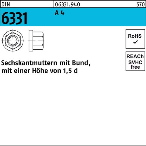 Sechskantmutter DIN 6331 Bund M16 SW 24 A 4 10 Stück - VPE: 10