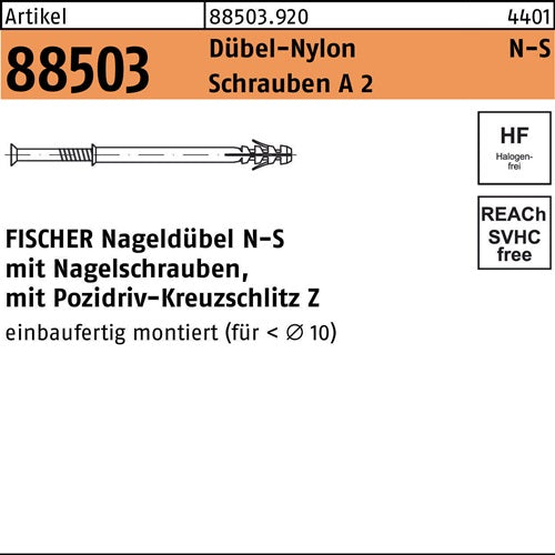 Nageldübel R 88503 N-S 8x 80/40 Schrauben A 2/Dübel-Nylon 50 Stück FISCHER - VPE: 50