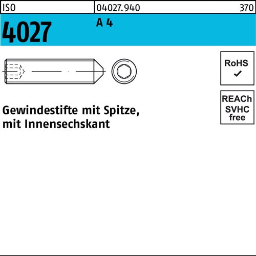 Gewindestift ISO 4027 Spitze/Innen-6kt M10x 25 A 4 100 Stück - VPE: 100