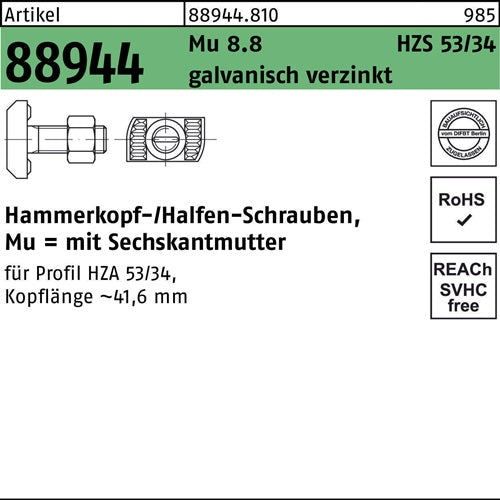 Hammerkopfschraube R 88944 6-ktmutter M20x100 Mu 88 galvverz 25St HALFEN - VPE: 25