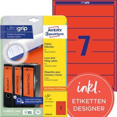 Ordnerrückenetikett Avery Zweckform ultragrip schmal/kurz 38 x 192 mm (B x H) selbstklebend ohne Griffloch rot 140 E