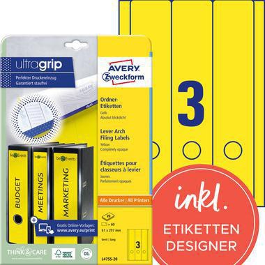 Ordnerrückenetikett Avery Zweckform ultragrip breit/lang 61 x 297 mm (B x H) selbstklebend mit Griffloch gelb 60 Etik/Pack