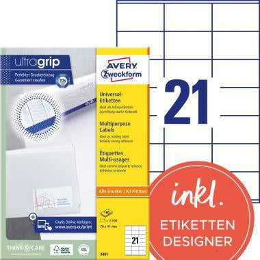 Universaletikett Avery Zweckform ultragrip 70 x 41 mm (B x H) nicht wieder ablösbar Papier weiß 2100 Etik/Pack AVERY