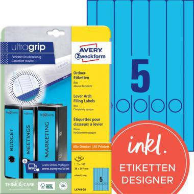 Ordnerrückenetikett Avery Zweckform ultragrip schmal/lang 38 x 297 mm (B x H) selbstklebend mit Griffloch blau 100 E