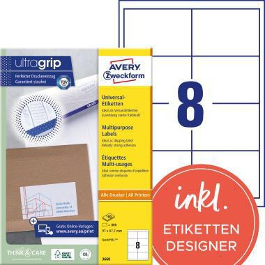 Universaletikett Avery Zweckform ultragrip 97 x 677 mm (B x H) nicht wieder ablösbar Papier weiß 800 Etik/Pack AVERY