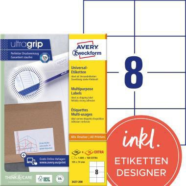 Universaletikett Avery Zweckform ultragrip 105 x 74 mm (B x H) nicht wieder ablösbar Papier weiß 1760 Etik/Pack AVERY