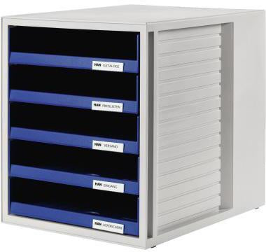 Schubladenbox HAN SCHRANK-SET 5 Schubladen DIN A4 Polystyrol Gehäusefarbe: lichtgrau Farbe der Schublade: blau HAN