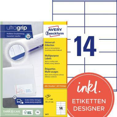 Universaletikett Avery Zweckform ultragrip 105 x 41 mm (B x H) nicht wieder ablösbar Papier weiß 1400 Etik/Pack AVERY