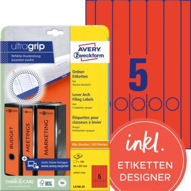 Ordnerrückenetikett Avery Zweckform ultragrip schmal/lang 38 x 297 mm (B x H) selbstklebend mit Griffloch rot 100 Etik/Pack