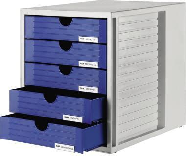 Schubladenbox HAN SYSTEMBOX 5 Schubladen DIN C4 Polystyrol Gehäusefarbe: lichtgrau Farbe der Schublade: blau HAN